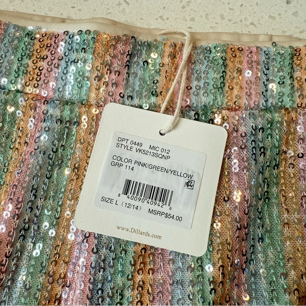 Chelsea & Violet Girls Sequin Bell Bottom Pink Silver Rainbow Pants NEW Size L